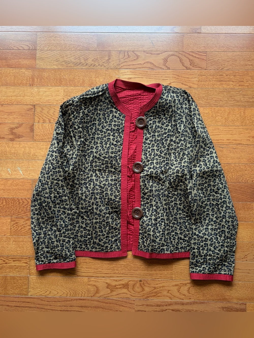 Quilted Reversible Cheetah Print Red Button Front Jacket